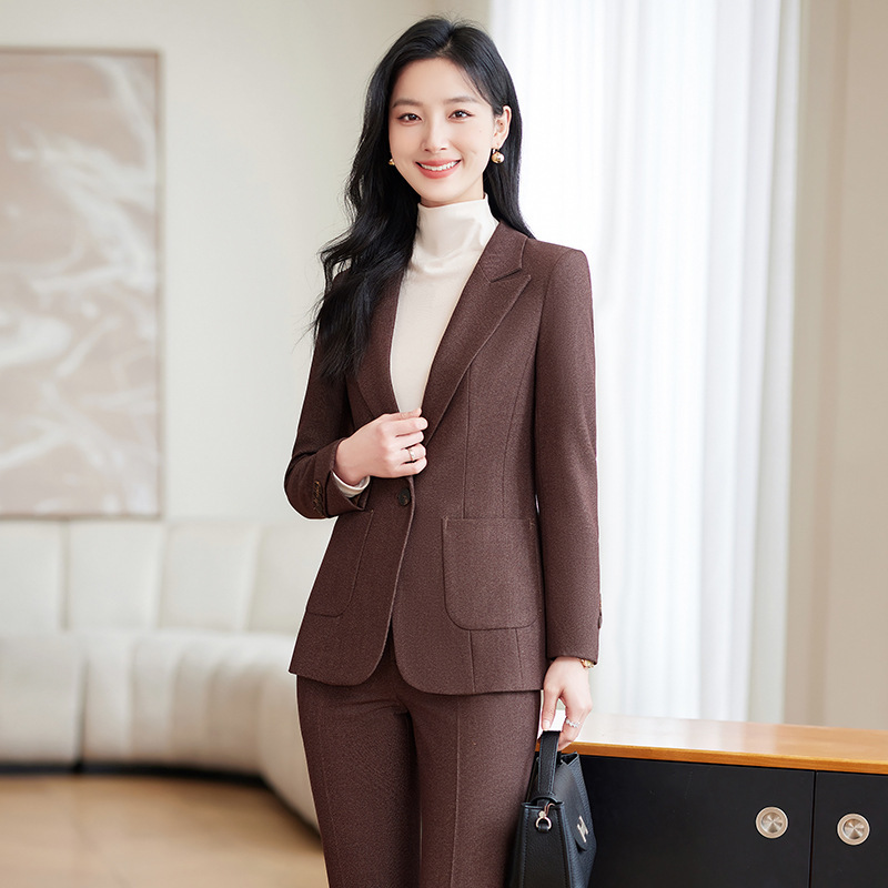 Long-Sleeved Blazer Suit for Women, Spring and Autumn New Style 2025, Brown Business Attire, Elegant Slim-Fit Ol Suit Workwear