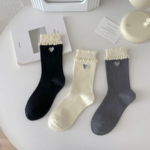 杂志同款2024秋冬新款韩版刺绣爱心堆堆袜花边中筒学院风女袜批发