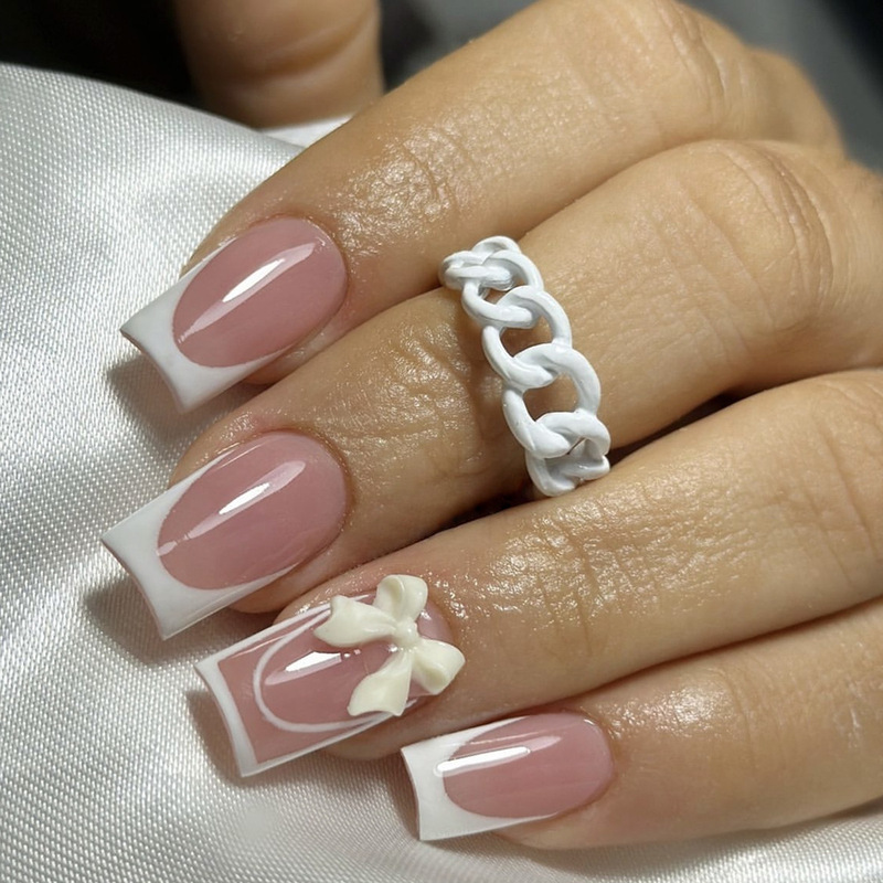 Wearable Nails, Medium-Length Rectangular Nails, Simple White French Edge Bow Ribbon Decoration, Fake Nails, Manicure Nails