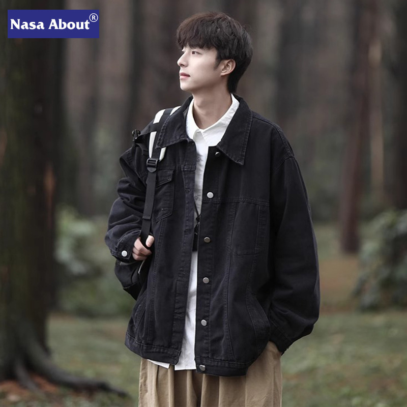 Nasa Spring and Autumn Denim Jacket Men's American High Street Fashion Brand Workwear Retro Trendy Black Short Jacket Nasa Spring and Autumn Denim Jacket Men's American High Street Fashion Brand Workwear Retro Trendy Black Short Jacket