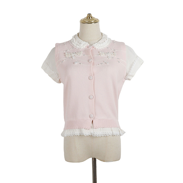 Summer New Style Faux Two-Piece Knit Top with Lace Doll Collar, Heavy Pearl and Rhinestone Embellishments, Sweet Ruffled Edge, Short-Sleeve Women's Top Summer New Style Faux Two-Piece Knit Top with Lace Doll Collar, Heavy Pearl and Rhinestone Embellishments, Sweet Ruffled Edge, Short-Sleeve Women's Top