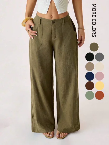2026 Spring New Cross-Border Cotton Linen Wide-Leg Pants for Women, Mid-Waist Long Pants, Casual Commuter Style, Solid Color with Pockets