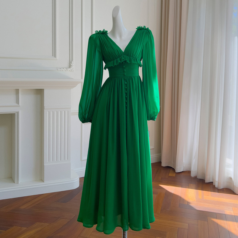 Clothing Lira 2024 Summer New Forest Green Long-sleeved V-neck Tight Waist Daily Long dress Women 68725 Clothing Lira 2024 Summer New Forest Green Long-sleeved V-neck Tight Waist Daily Long dress Women 68725