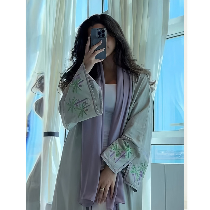 Elegant Embroidered Turkish Robe Abaya - Floral Patterned Sleeves, Long Dress in Light Green Polyester Fabric