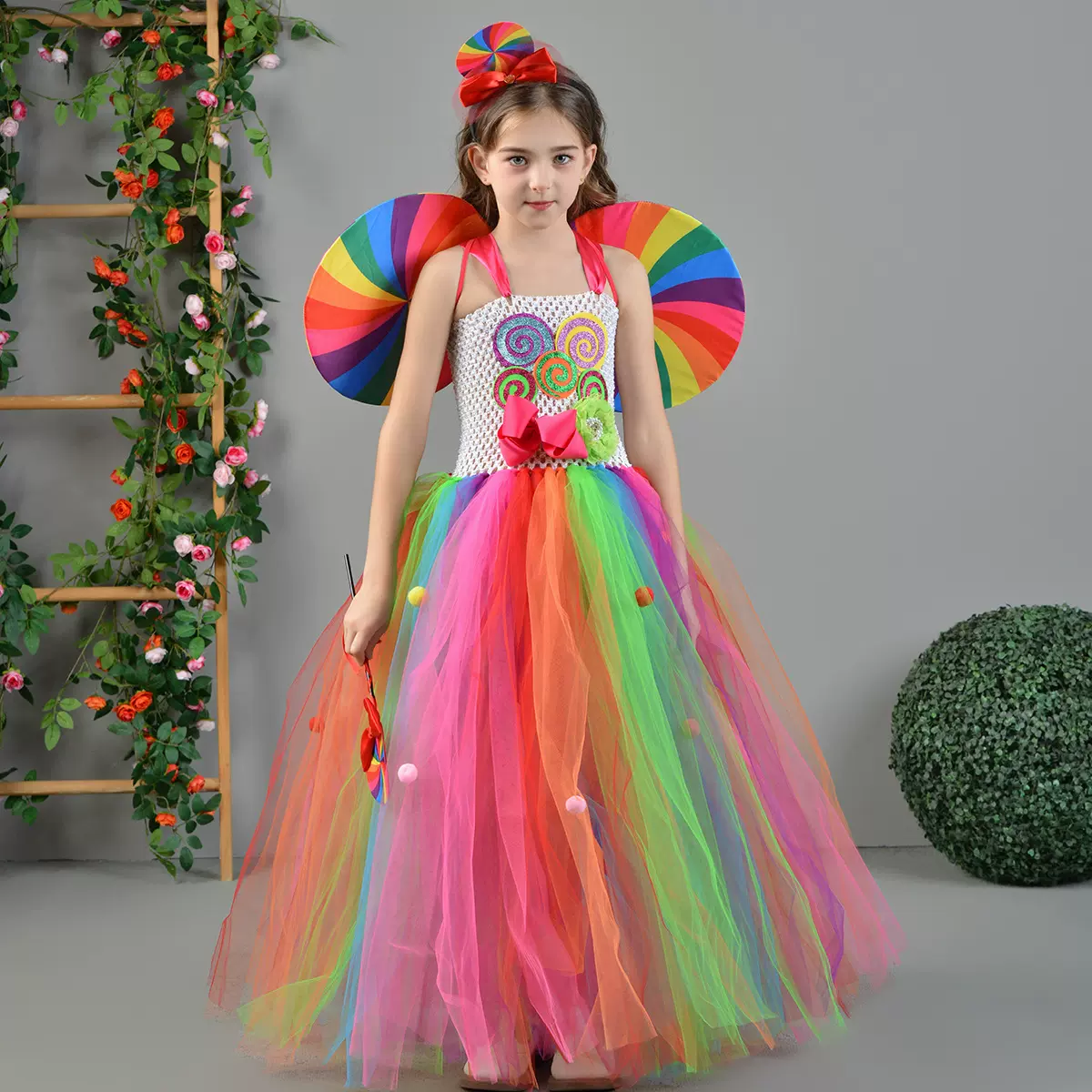 万圣节彩虹糖果裙儿童棒棒糖公主连衣裙女孩长款礼服表演舞蹈裙