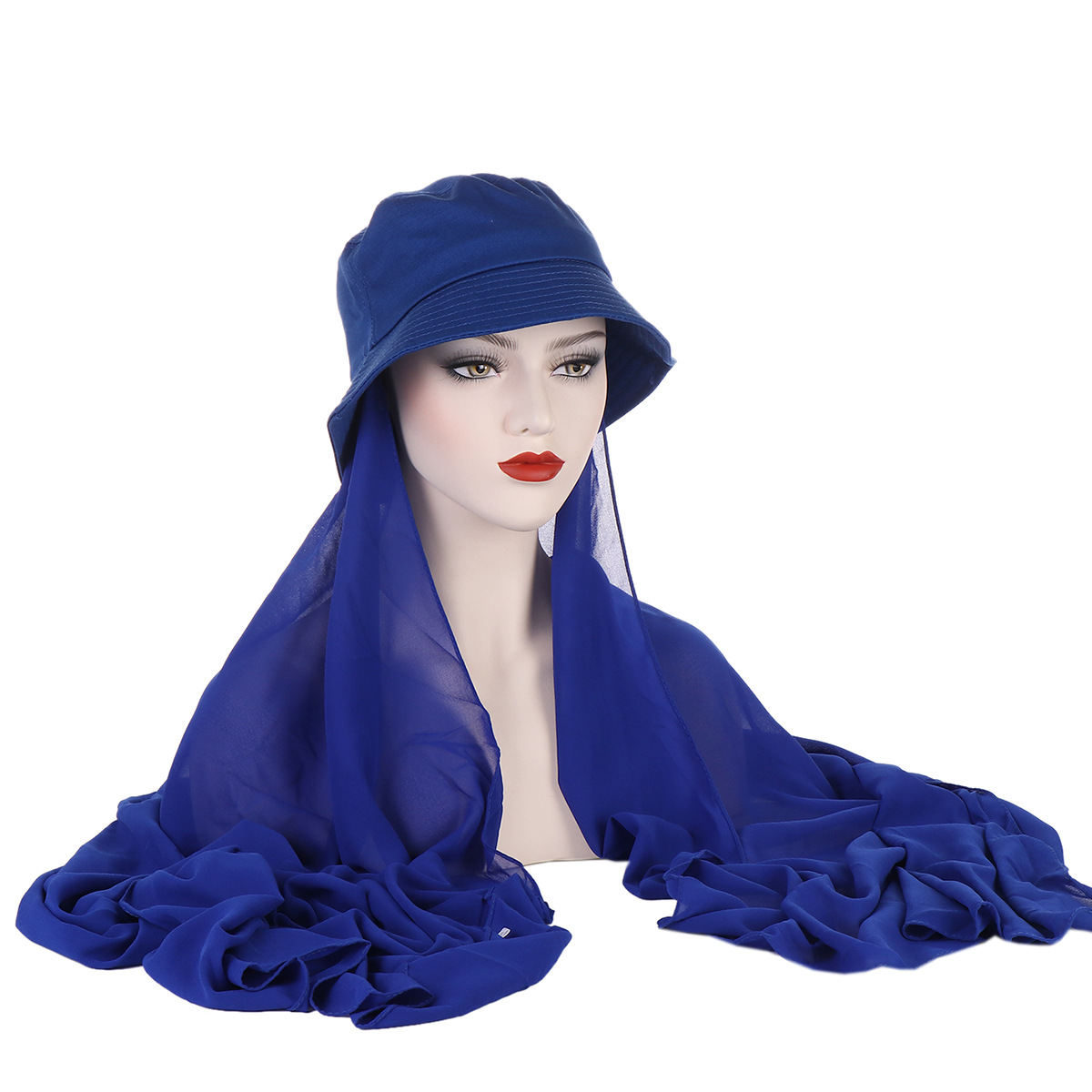 solid color chiffon plus fisherman hat long scarf pearl chiffon all-in-one scarf 2-piece set for drop shipping_voghion.com