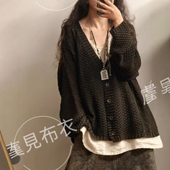 早秋 复古V领百搭针织开衫女上衣 炒色做旧 宽松休闲百搭毛衣外套