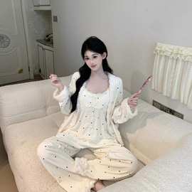 韩系海岛绒三件套睡衣女纯欲风波点吊带胸垫绝美蕾丝蝴蝶结家居服