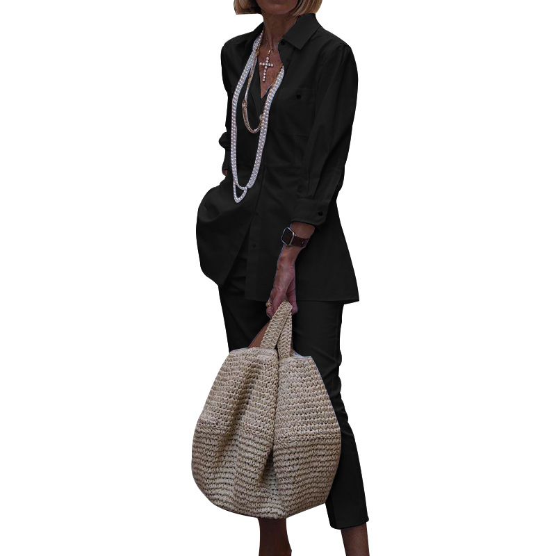 GraceChic FD483 Disponibile Autunno Inverno 2025 Nuovo Export Camicia a maniche lunghe da donna Pantaloni tinta unita Completo due pezzi_voghion.com