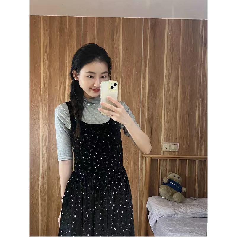 黑色碎花丝绒背带连衣裙女套装宽松显瘦方领气质中长款裙子长裙|undefined