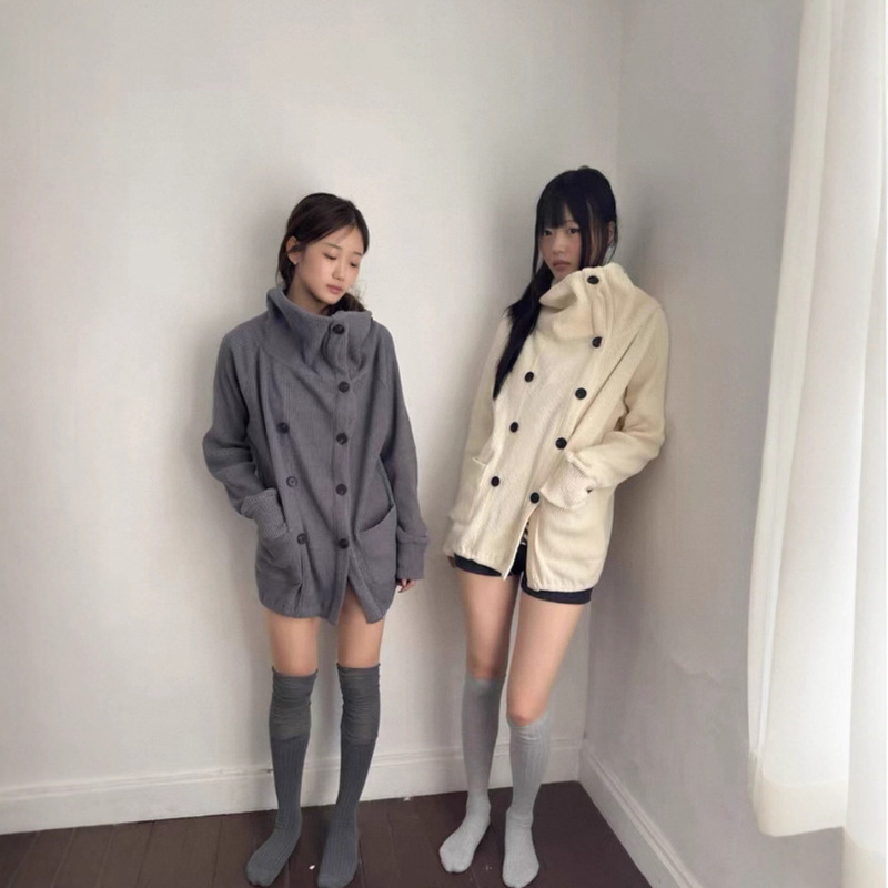 In Stock Korean Style Solid Color Double-Breasted Cotton Ribbed Cardigan for Women 2025 Autumn Stand Collar Niche Design Jacket In Stock Korean Style Solid Color Double-Breasted Cotton Ribbed Cardigan for Women 2025 Autumn Stand Collar Niche Design Jacket