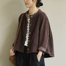大码宽松文艺长袖圆领外套秋装新款纯色灯芯绒蕾丝花边百搭短外套