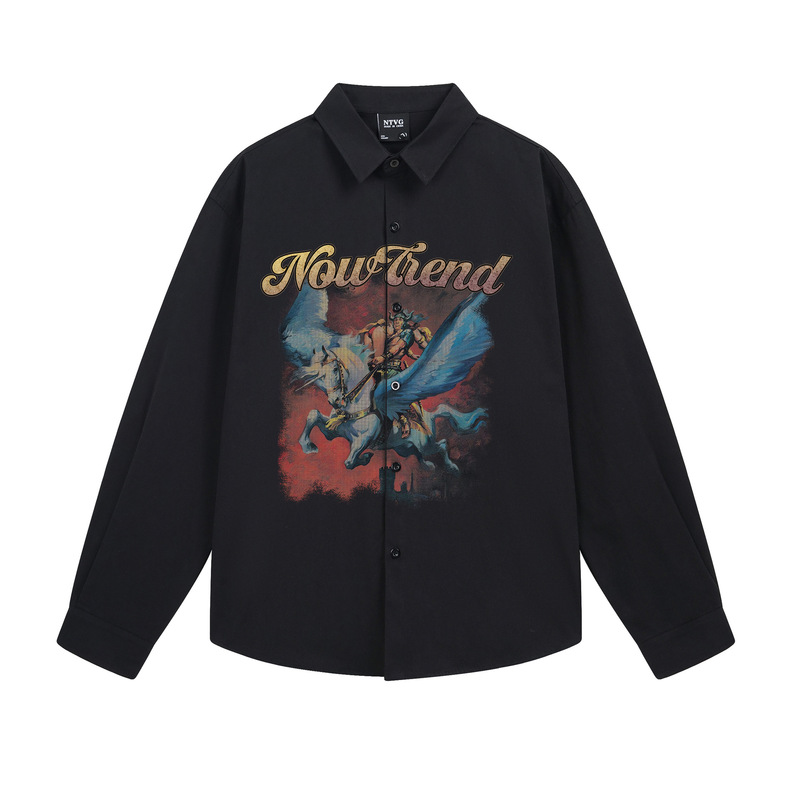 American street style mythical pegasus knight print design long-sleeve shirt for men and women, loose-fit autumn commuter shirt