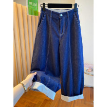 今年流行的气球裤女2025春夏新款宽松休闲弯刀裤蓝色八分裤