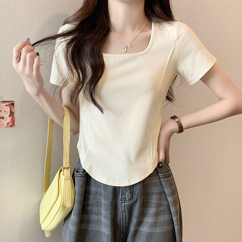 Cotton Stretch T-shirt Women's 2025 Summer New Korean Style Slim-fit Solid Color U-shaped Square Collar Women's Short Top