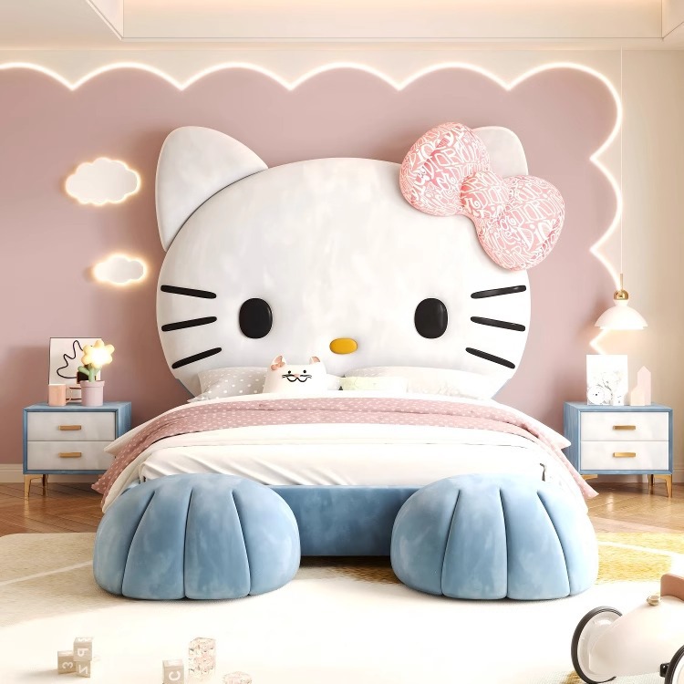 Cama infantil, cama princesa, cama individual de 1.5m, cama de gato rojo kt simple, cama de tela multifuncional moderna
