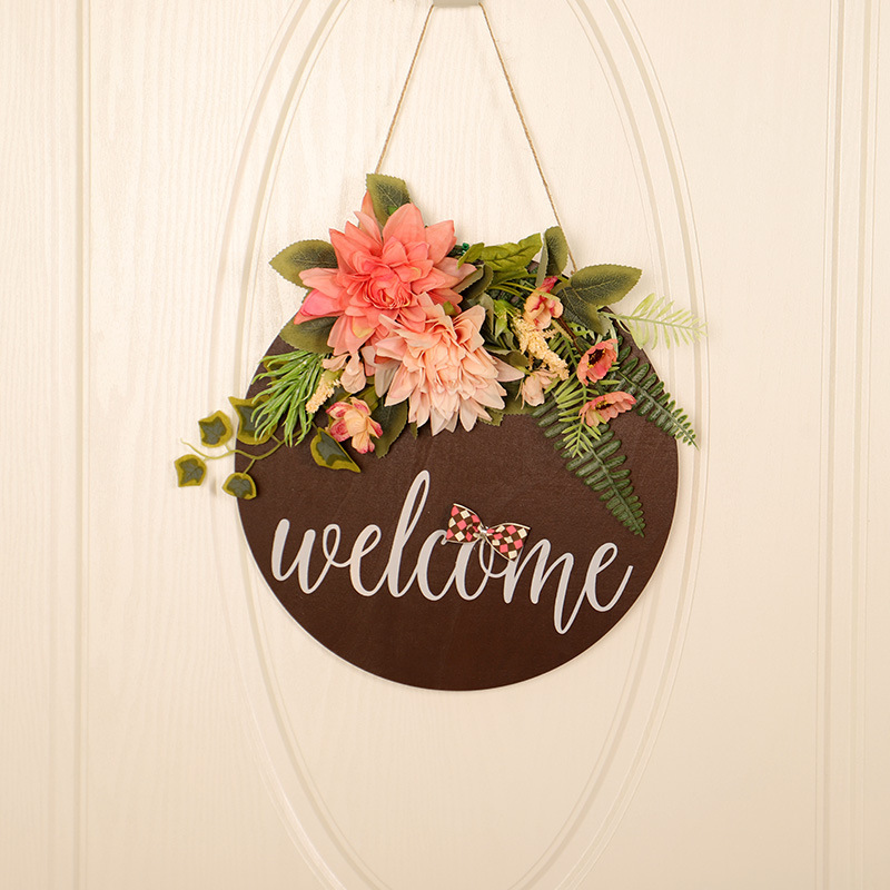 Round Wooden Wreath Wall Hanging Pink Simulated Flower Decoration Rustic Farmhouse Front Door Home Decorations