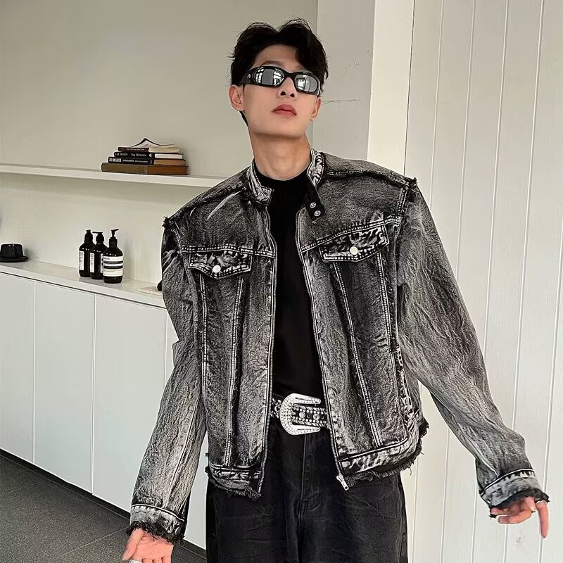 Black Fringed Raw Edge Design Padded Shoulder Denim Jacket for Men, American Retro Washed Vintage Stand Collar Jacket
