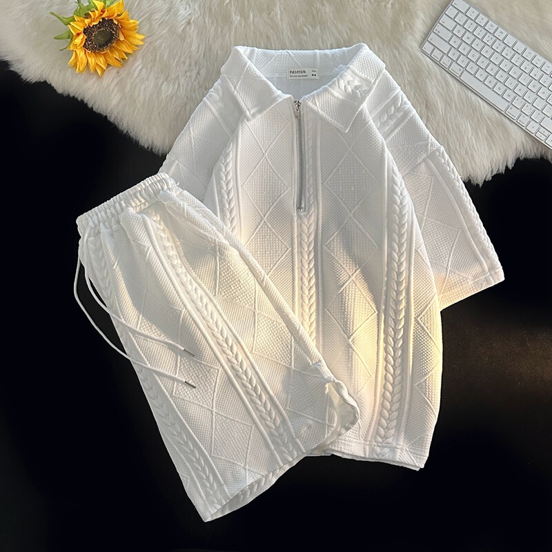 Half Zip Sweater Suit Men's Summer New Half Sleeve Sportswear Short Sleeve Shorts Men's Clothing Collocation Set Handsome