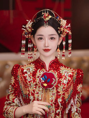 中式紅色新娘結婚秀禾髮飾減齡聖女冠古典眉心墜琉璃發冠頭飾套裝