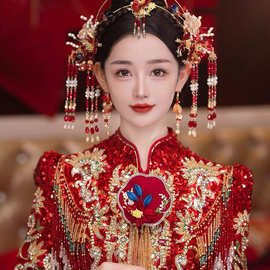 中式红色新娘结婚秀禾发饰减龄圣女冠古典眉心坠琉璃发冠头饰套装