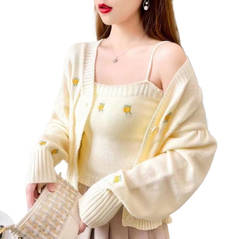 温柔风防晒针织衫女春春秋韩系奶甜短款开衫内搭吊带小背心两件套|undefined