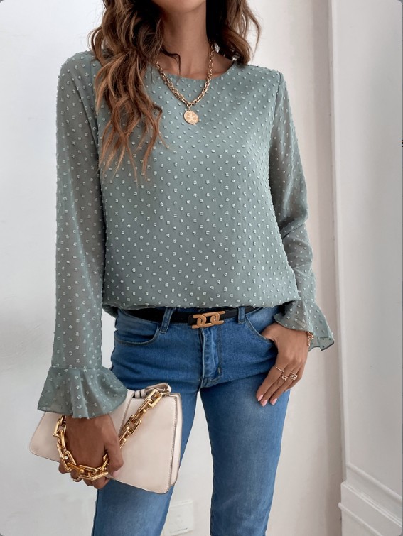 Lotus Leaf Sleeve Pullover Polka Dot Chiffon Top NSGXY98558