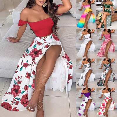 2021 new pattern Europe and America lady temperament Off the shoulder Hem jacket Split ends skirt Two piece set goods in stock