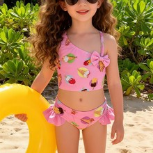 新款儿童泳衣单件蝴蝶结荷叶边儿童泳衣宝宝沙滩度假跨境分体泳衣