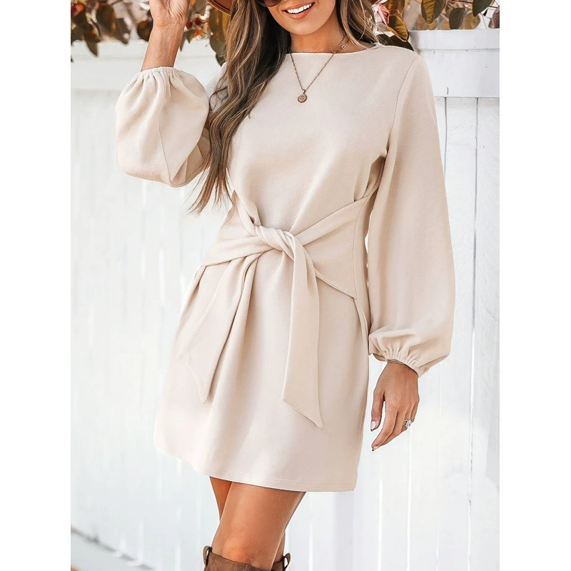 Новый Amazon Европа и США трансграничная внешняя торговля 2025 весной свободный круглый вырез сплошной цвет платье с длинными рукавами для женщин