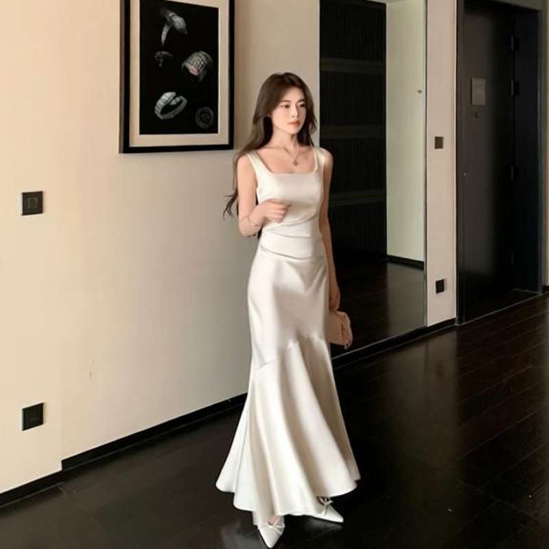White Satin Strapless Gown for Women, Summer Mermaid Engagement Party Dress, Student Graduation Dress, Bridesmaid Long Dress White Satin Strapless Gown for Women, Summer Mermaid Engagement Party Dress, Student Graduation Dress, Bridesmaid Long Dress