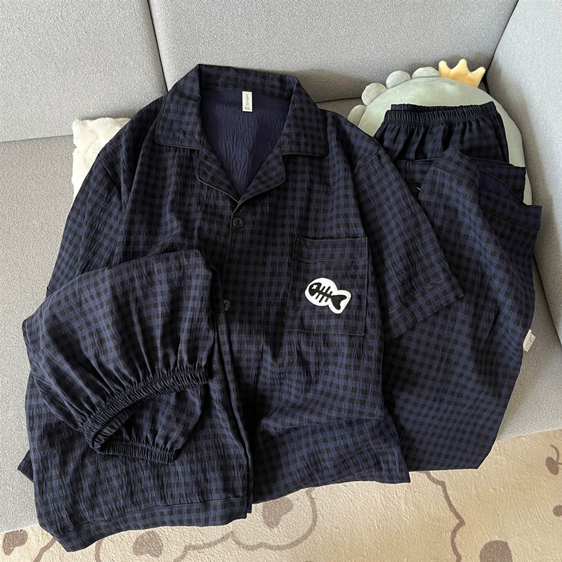 Летние мужские пижамы, милые облака из рыбьей кости, хлопчатобумажные марлевые шорты с короткими рукавами и брюки, простой и удобный комплект домашней одежды из трех предметов.