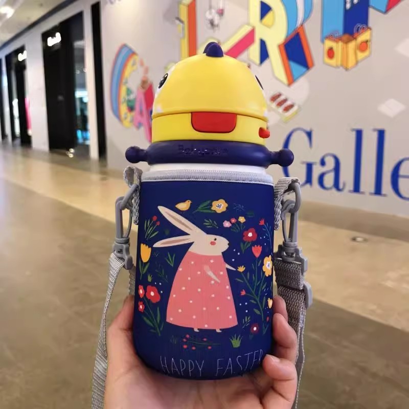 ベビー保温カップカバー 450ml 子供用ハンドル付き恐竜ストローカップ 水筒カバー 保護カバー 漫画柄 厚手 耐衝撃|undefined