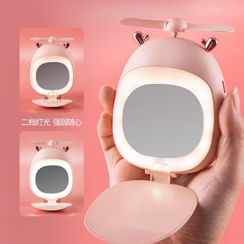 New trendy dreamy beauty makeup mirror fan mini USB charging LED for girls portable lighted makeup mirror with small fan