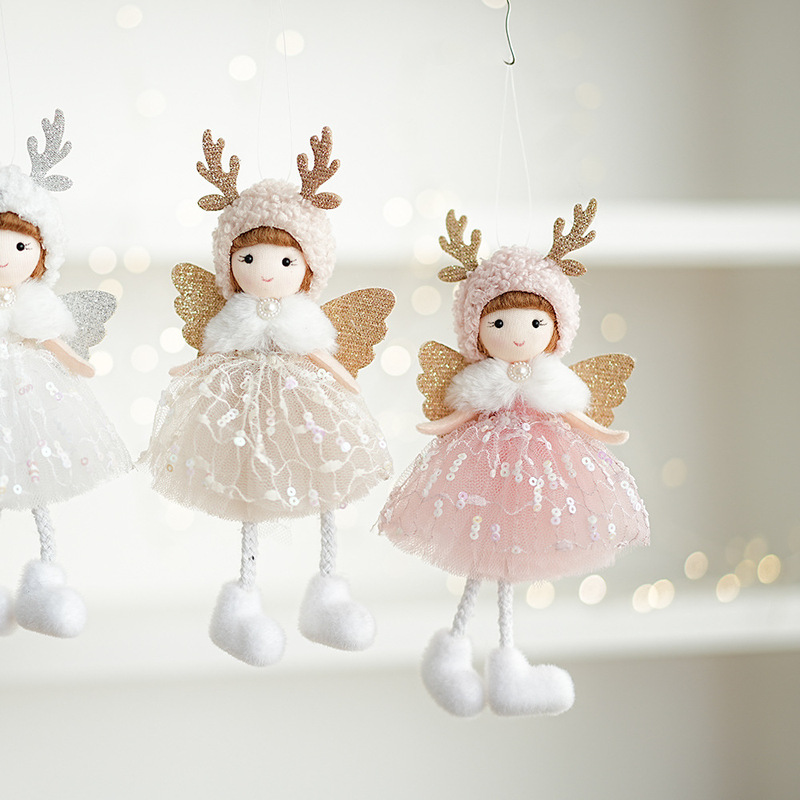 クリスマスの天使の人形のペンダントクリスマスツリーの装飾のぬいぐるみの角のピンクの女の子のペンダントの新年の装飾用品|undefined