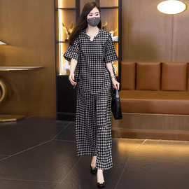 大码时尚法式格子套装女2026夏新款胖MM宽松上衣休闲阔腿裤两件套