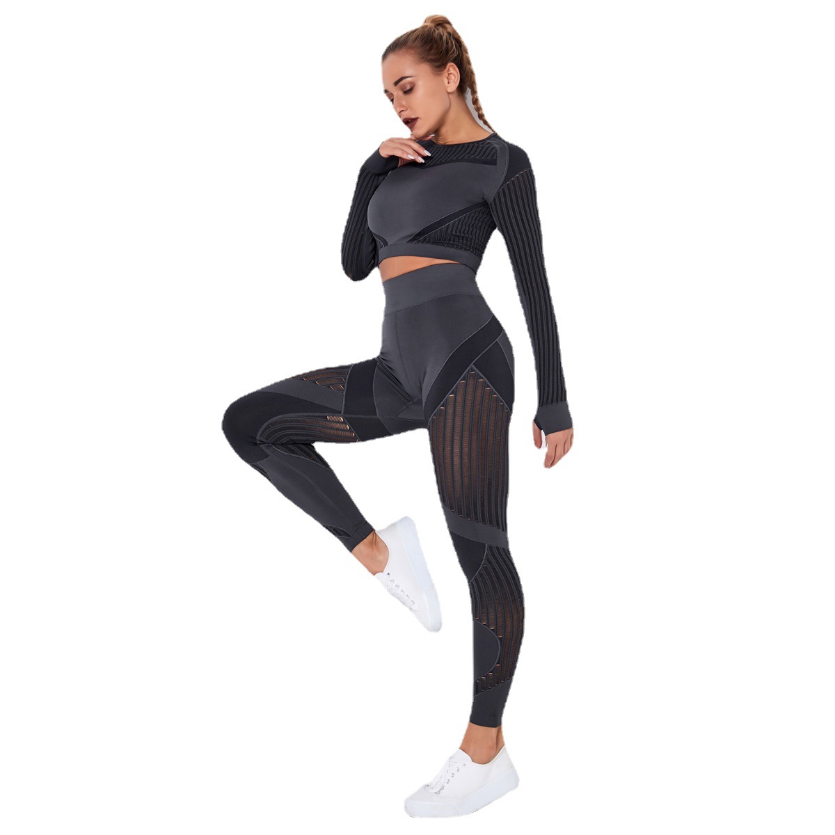 ¡En stock! Europeo y americano sin costuras hueco-fuera de absorción de humedad de yoga traje de manga larga ropa de yoga deportes fitness correr pantalones de yoga para mujeres