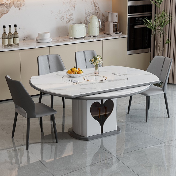 Light Luxury Slate Multifunctional Retractable Dining Table and Chairs, Induction Cooker, Electric Warming Board, Variable Round Table, Dining Table with Turntable