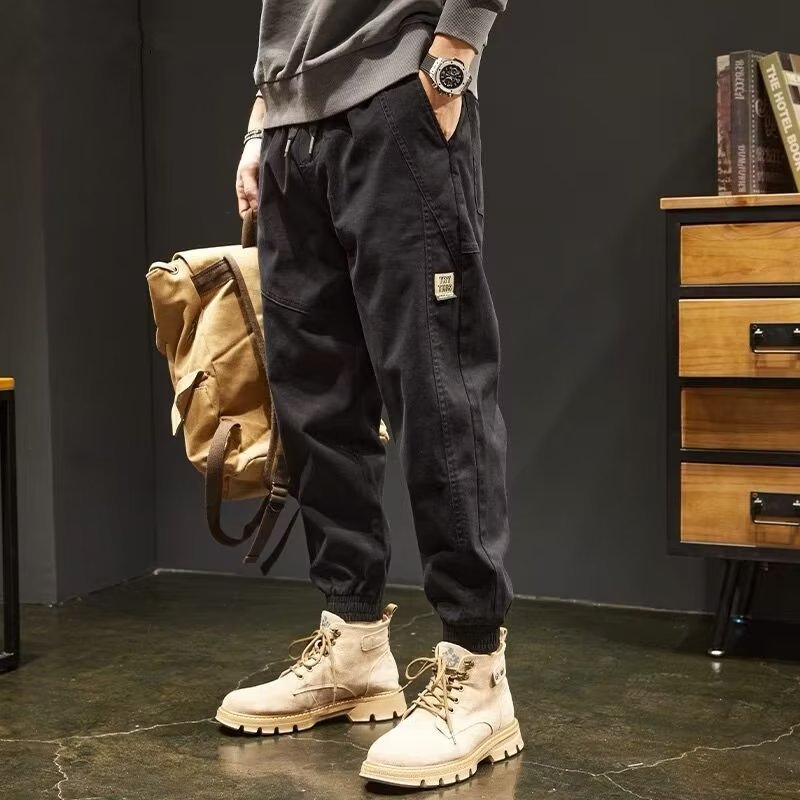 Black casual Harajuku bound leg pants, youthful and trendy new products, solid color fashion brand, autumn work pants_voghion.com