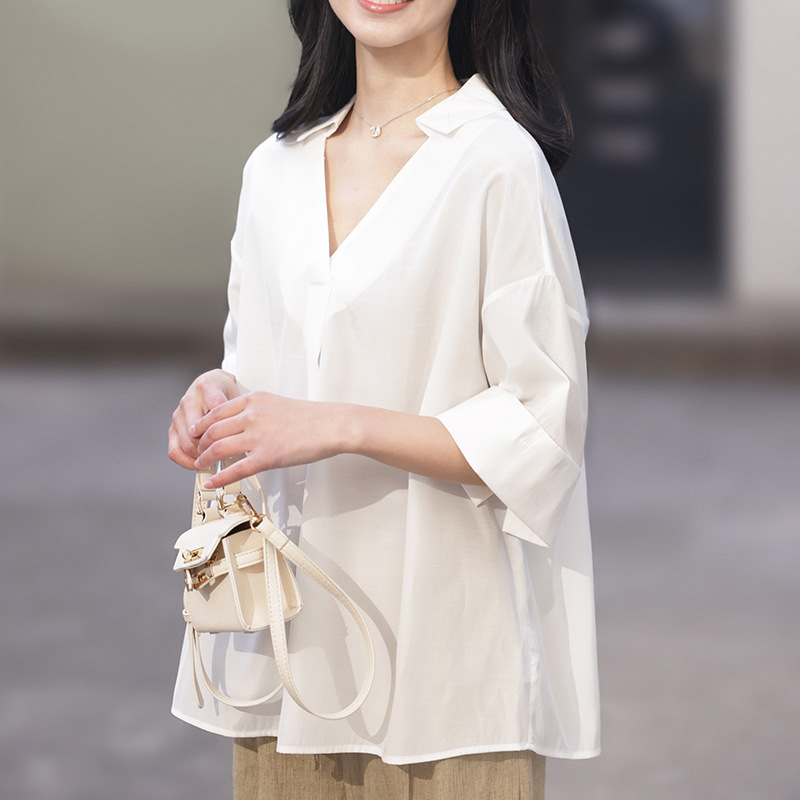 休闲上衣短袖衬衫女2023年夏季新款小众设计韩版打底外穿中款衬衣