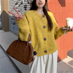 设计感纯色秋冬季新款 针织毛衣女士外套 圆领休闲慵懒风宽松开衫