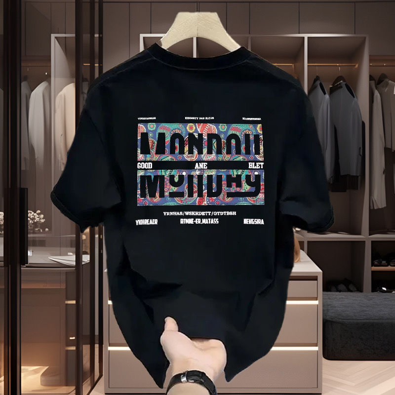 Cotton Men's Short-sleeved Round Neck Printed Sports T-shirt 2024 Spring and Summer New Breathable All-match Top Base Shirt