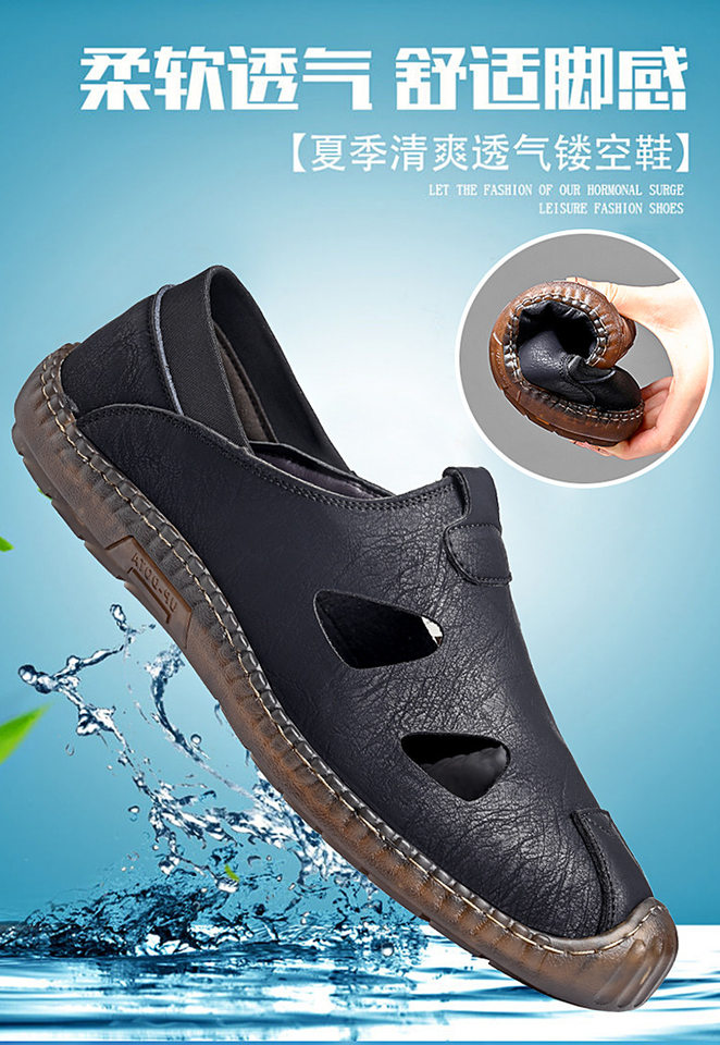 Giày sandal da nam thủ công đan dây, thoáng khí khoét lỗ, kiểu bao đầu — Màu kaki, màu đen chi tiết 1