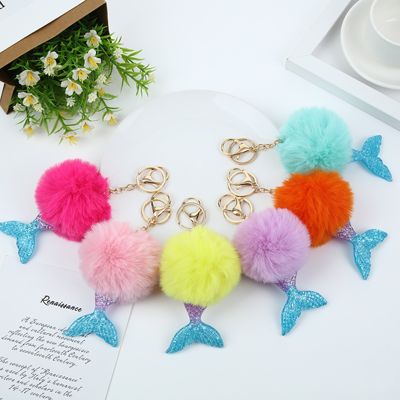 Gold powder mermaid fur ball key chain fish tail pendant imitation Rex rabbit fur ball pendant cute school bag pendant