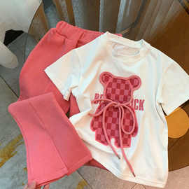女童套装2025夏季韩版卡通印花T恤喇叭裤子宝宝洋气两件套潮