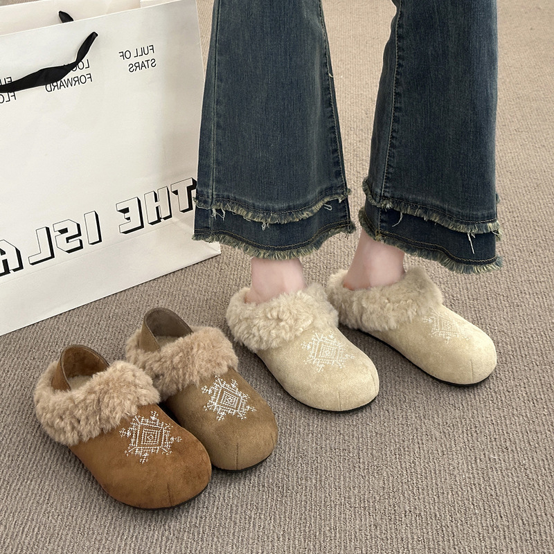 Furry Slippers for Women's Outer Wear 2025 New Autumn and Winter Fleece-Lined Baotou Cotton Slippers Thick-Soled Birkenstock Half-Slip Snow Boots for Women