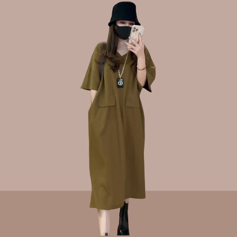 European Summer Pocket plus size Loose Slim Dress Women's 2024 New Korean Style dress Mid-length Over-the-knee Dress