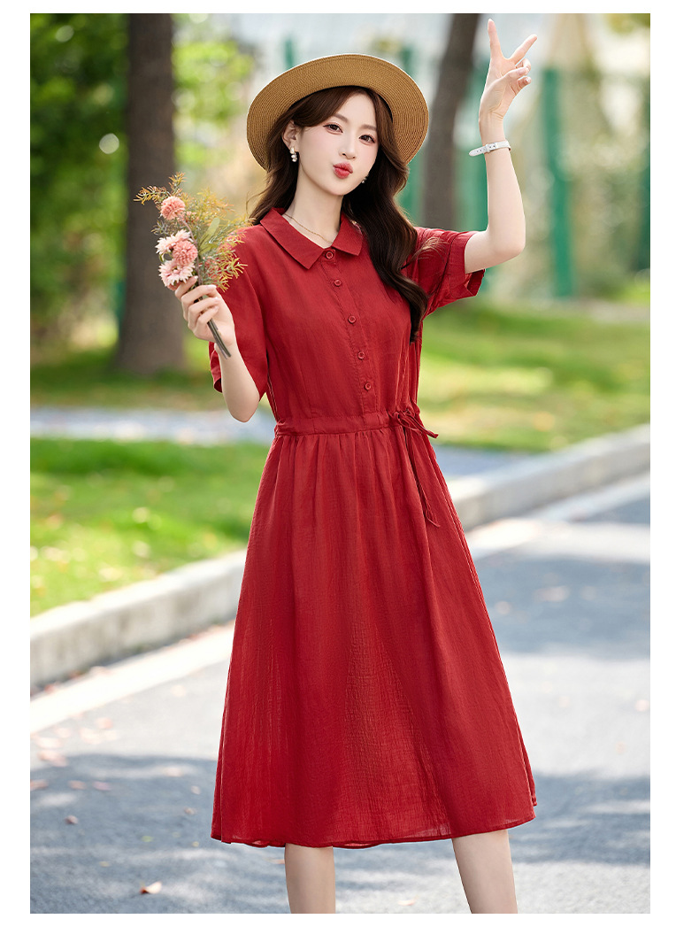 Đầm suông nữ midi dây rút eo cổ điển tay ngắn — Xanh lông mòng đen, màu đỏ chi tiết 18