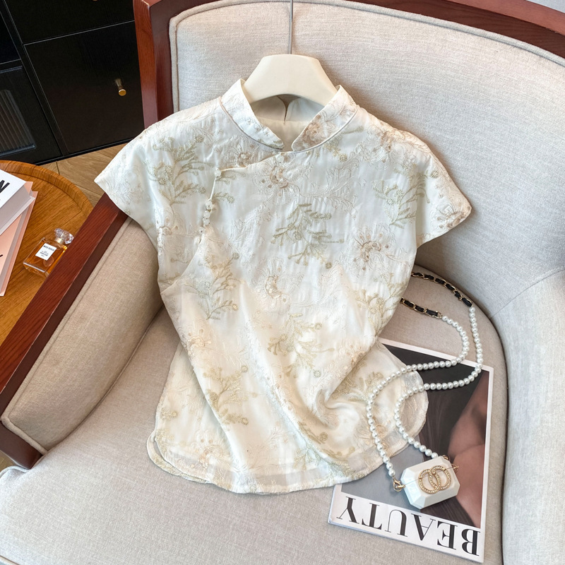Silk New Chinese Style Women's Summer Top with Stand Collar Embroidery Improved Cheongsam Thin Short Sleeve Shirt