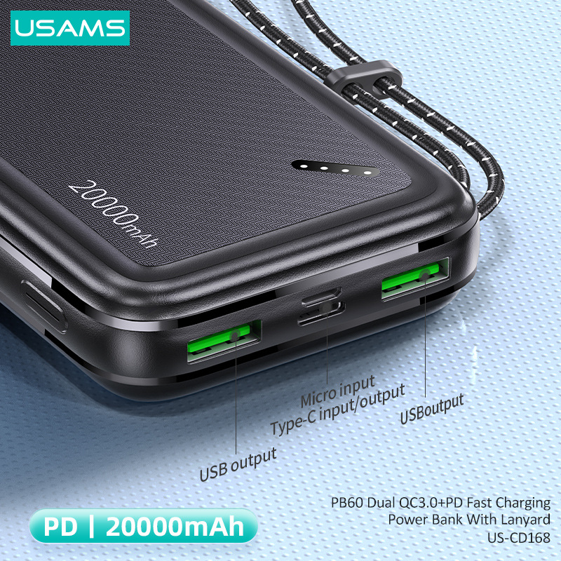 USAMS/Yushengshi 20000mAh 22.5W Carga flash de banco súper rápida con fuente de alimentación móvil de cuerda colgante_voghion.com